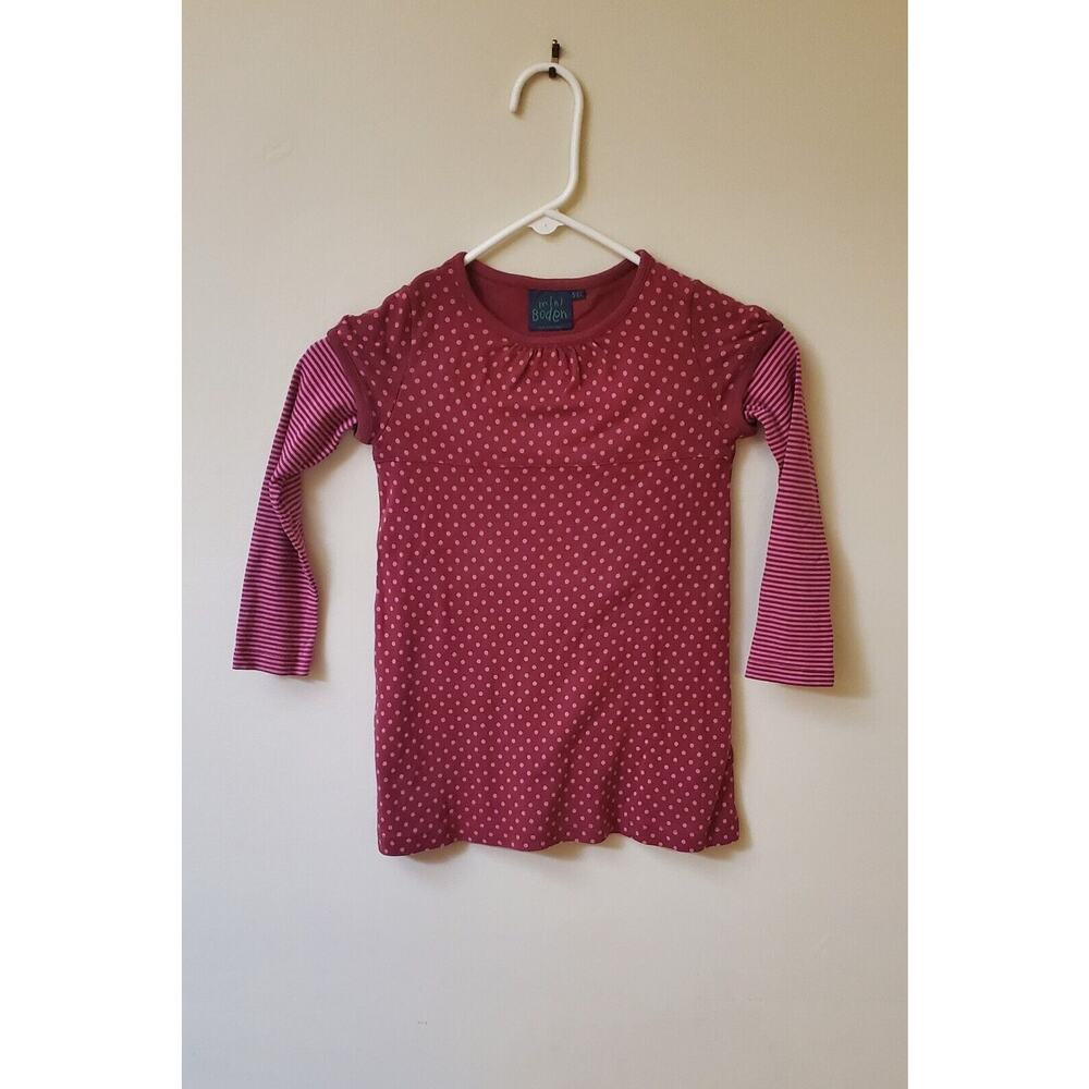 Mini Boden Girl's Cotton Dress Cranbury Pink Dot Pattern Striped Sleeves Sz 5-6Y